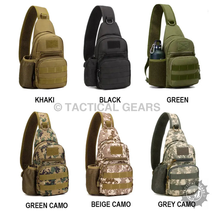 Six tactical sling bags in solid and camouflage colors made from durable 600d Oxford fabric