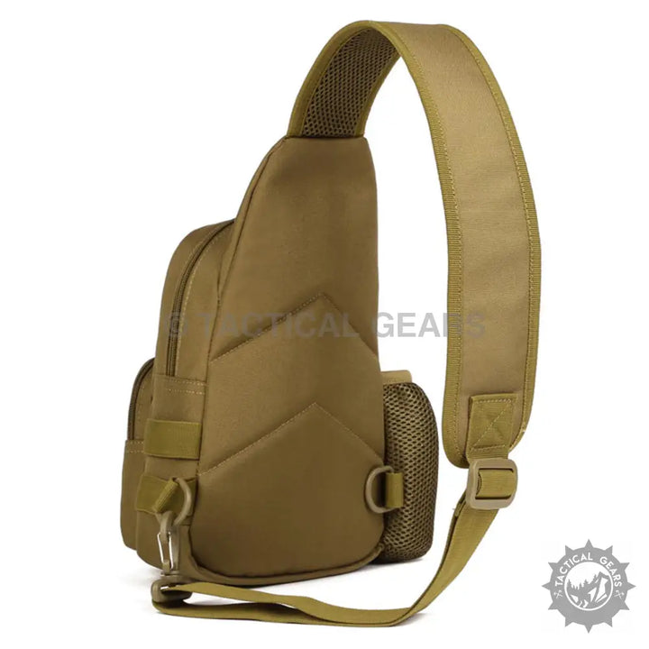 Tan tactical sling bag made of 600d Oxford fabric with multiple compartments and adjustable strap