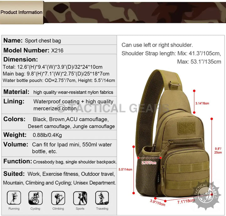 Tan tactical sling bag made of 600d Oxford fabric with multiple compartments and water bottle pouch
