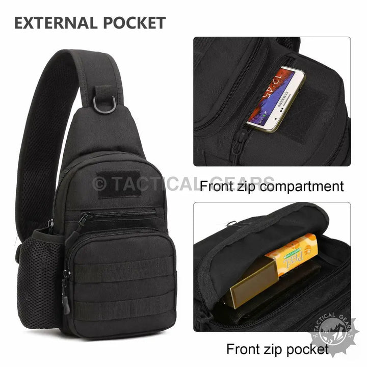 Black tactical sling bag made of 600d Oxford fabric with multiple compartments and water bottle holder
