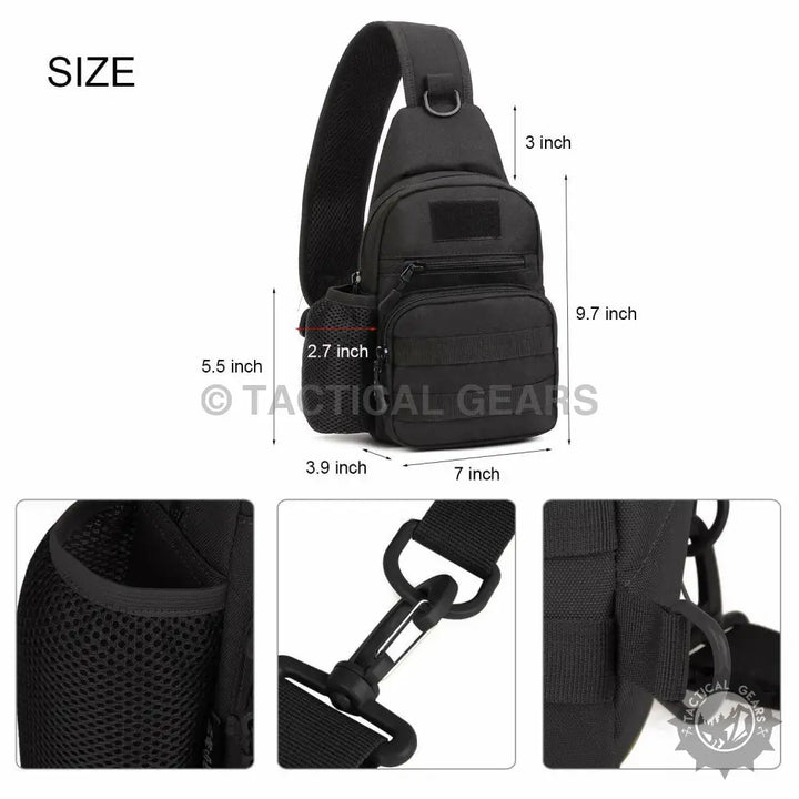 Black tactical sling backpack made of 600d Oxford fabric with multiple pockets and adjustable strap