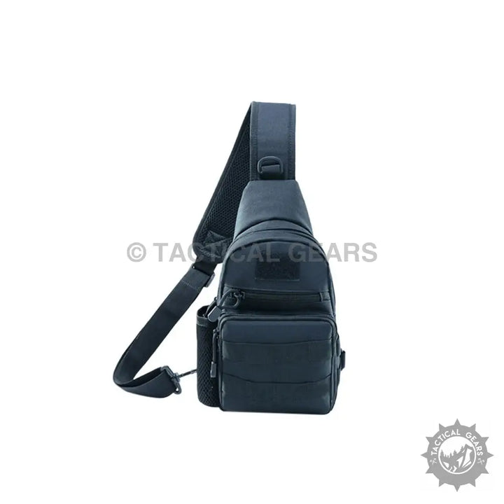 Black tactical sling bag made of 600d Oxford fabric with padded strap and multiple compartments