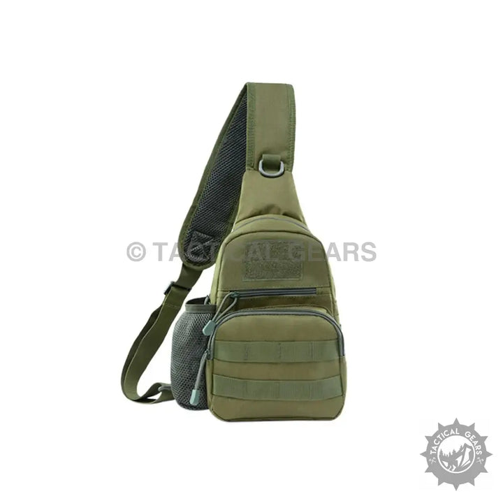 Olive green tactical sling bag made of 600d Oxford fabric with multiple compartments and water bottle holder
