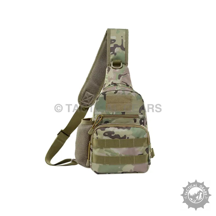 Camo tactical sling bag made from durable 600d Oxford fabric with multiple compartments