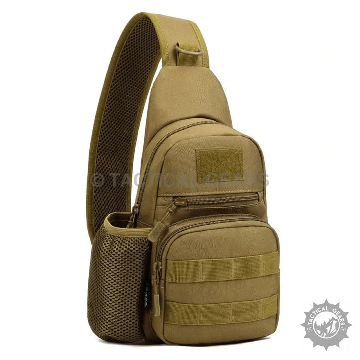Tan tactical sling bag made of 600d Oxford fabric with multiple compartments and water bottle holder