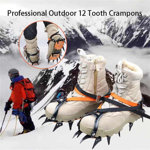 Professional outdoor 12-tooth ice climbing crampons with secure straps for winter boots