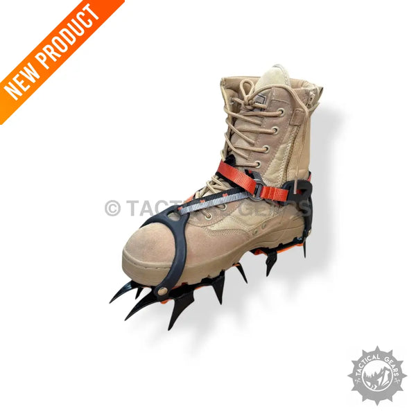 Tan tactical boot with ice climbing crampons and secure straps for winter use
