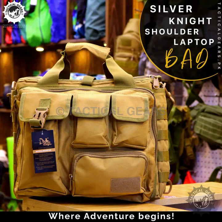 Silver Knight Shoulder Laptop Bag with Tan Tactical Design and Multiple External Pockets