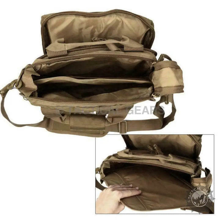 Open tan tactical messenger bag with multiple compartments and padded shoulder strap for laptop storage