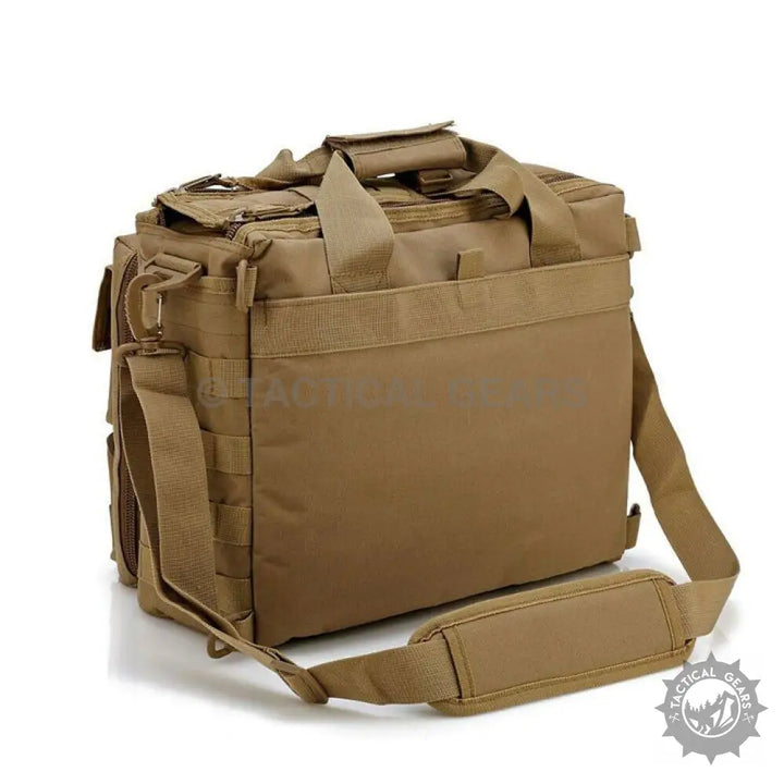 Tan tactical messenger bag with multiple compartments and padded shoulder strap for laptop use