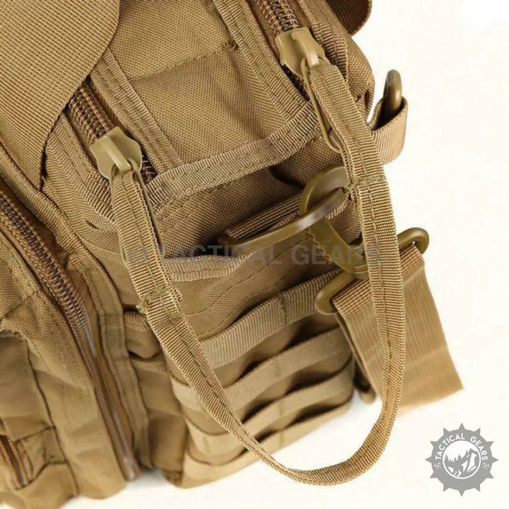 Close-up of Silver Knight Shoulder Laptop Bag showing tan tactical design with multiple zippers