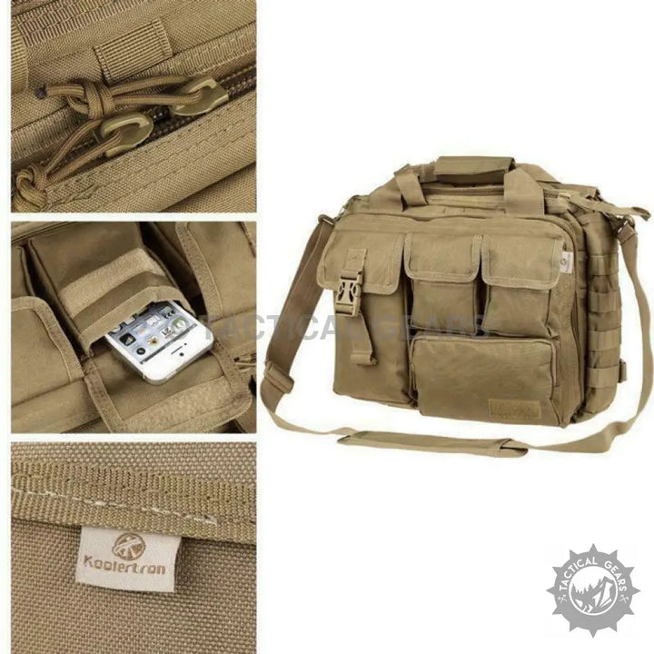 Tan tactical messenger bag with multiple pockets and shoulder strap for laptop storage