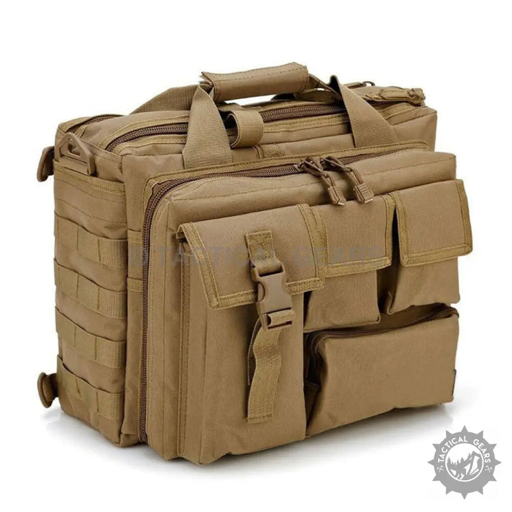 Tan tactical messenger bag with multiple exterior pockets and MOLLE webbing for laptops