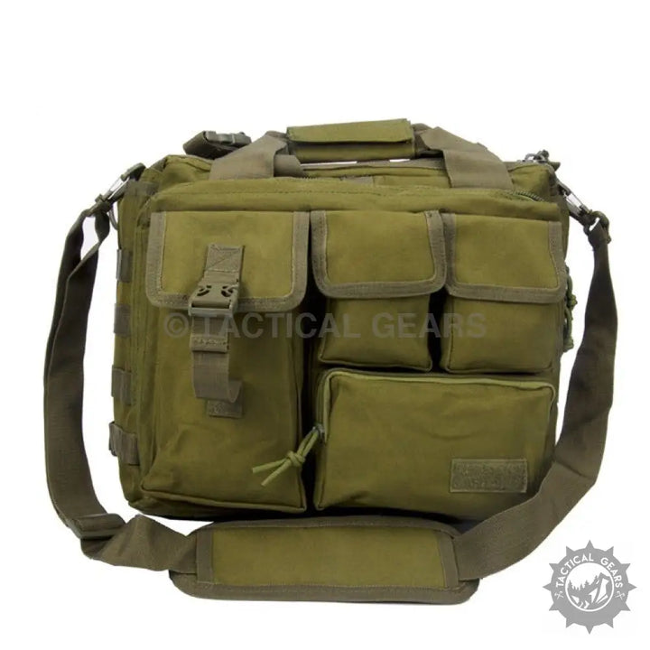 Olive green tactical messenger bag with multiple exterior pockets and shoulder strap for laptop use