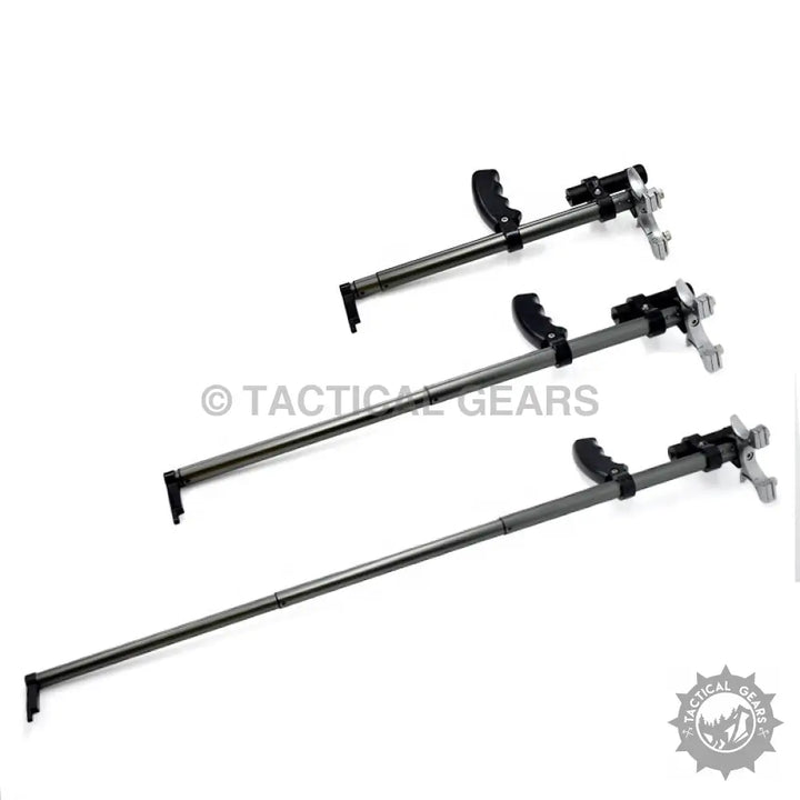 Telescopic long rod slingshot with three tactical grabbers featuring pistol grips and multi-pronged ends