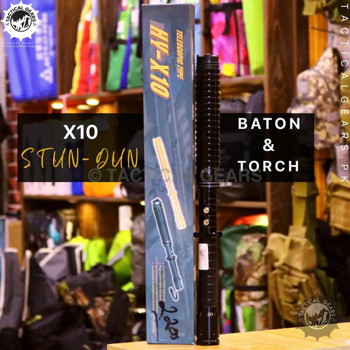 Black telescoping stun gun baton and torch for self-defense and safety