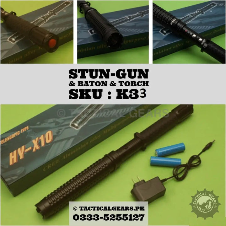 Black telescopic stun gun baton with torch, charger, and batteries for self-defense