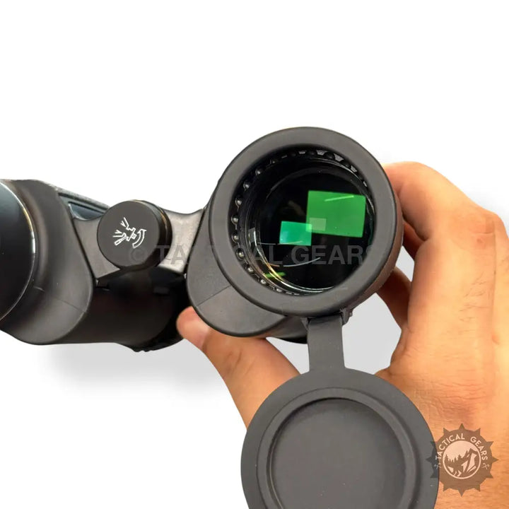Black textured grip optical 8x42 binoculars with green lenses and bird logo focus knob