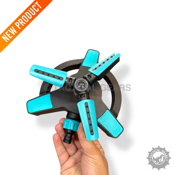 Black and aqua three-arm adjustable spray gardening sprinkler for watering lawns