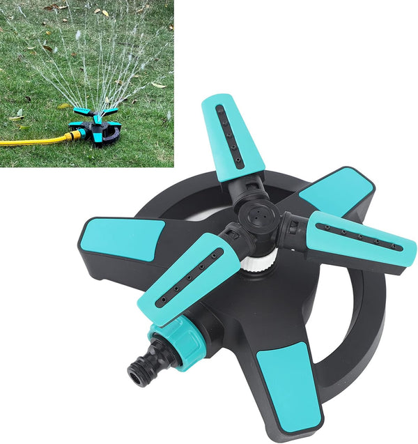 Black and teal three-arm adjustable spray gardening sprinkler for lawn watering