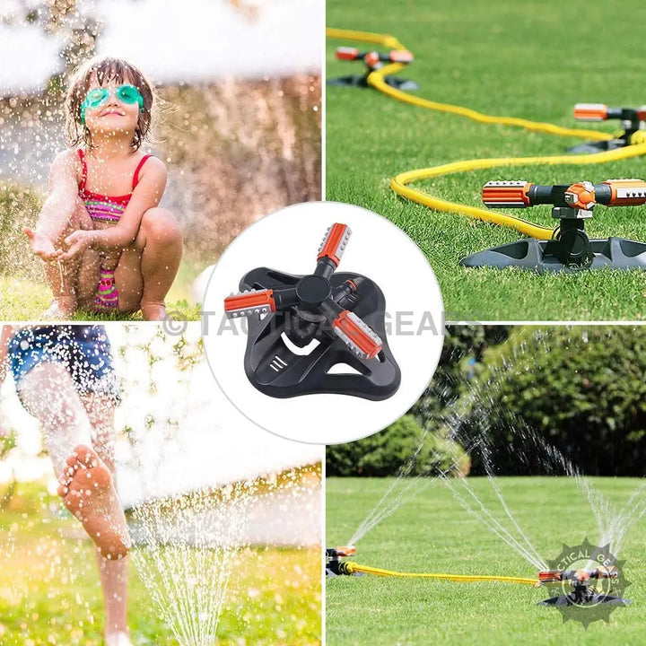 Black three-arm Auto Irrigation Grass Water Sprinkler with orange nozzles for efficient irrigation