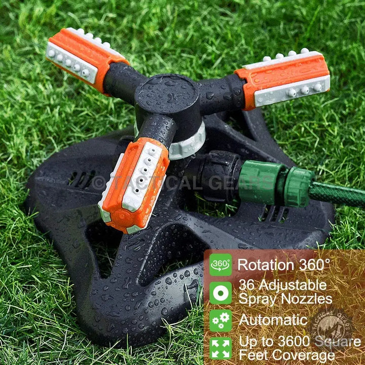 Black three-arm rotating lawn sprinkler with adjustable spray nozzles for efficient irrigation