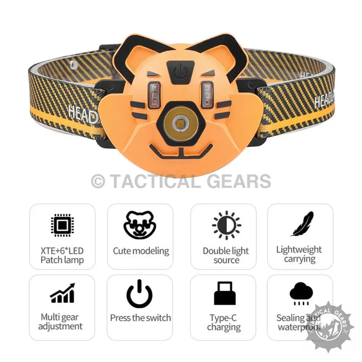 Kids orange tiger headlight with adjustable settings, dual lights, Type-C charge, waterproof