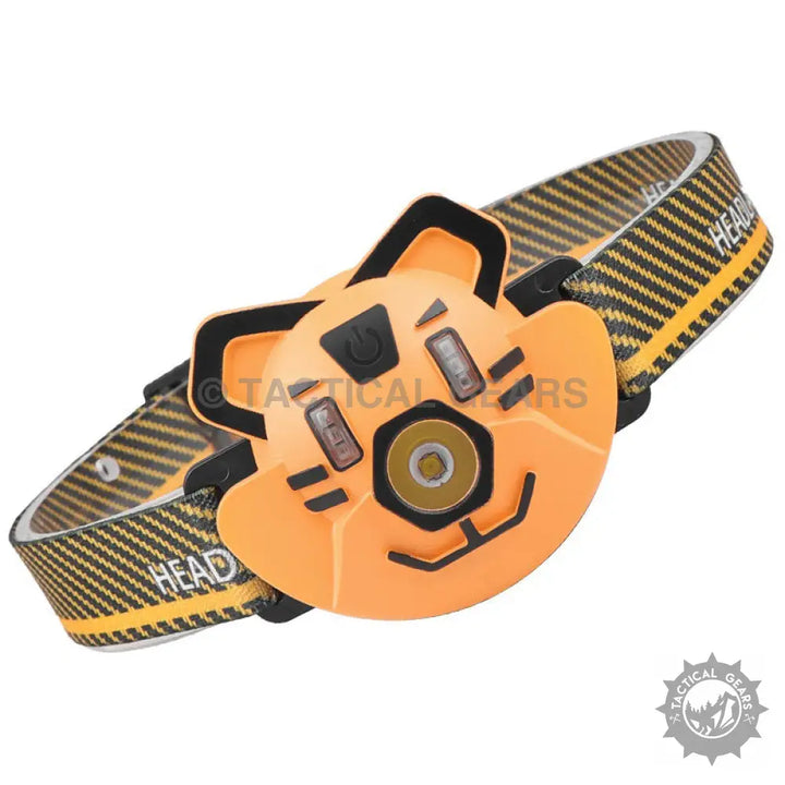 Kids orange tiger headlight featuring an orange tiger headlamp with black and yellow striped band