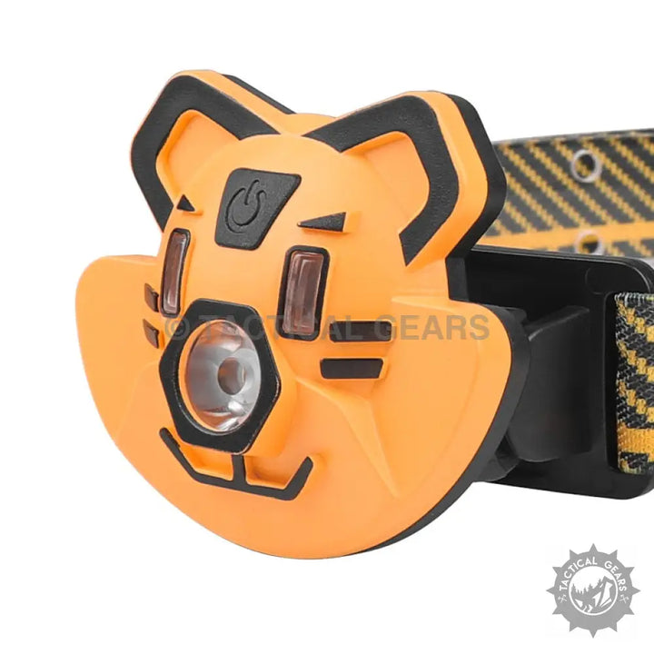 Kids orange tiger headlight with black power button, perfect for outdoor adventures