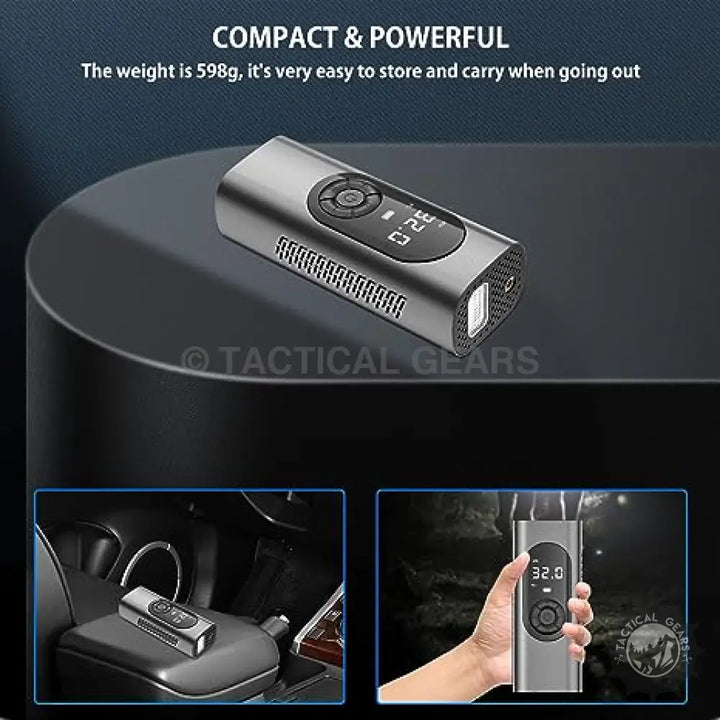 Compact portable air compressor with digital display for quick tire inflation on the go
