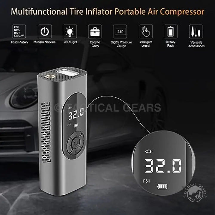 Portable air compressor with digital pressure gauge and accessories for travel