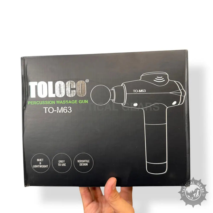 Black boxed Toloco Rechargeable Percussion Massager highlighting quiet lightweight easy-to-use versatile features