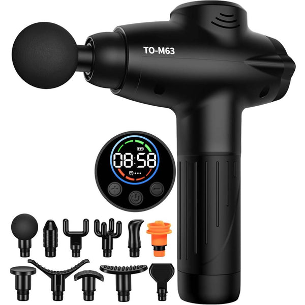 Black Toloco Rechargeable Percussion Massager with interchangeable heads and digital display