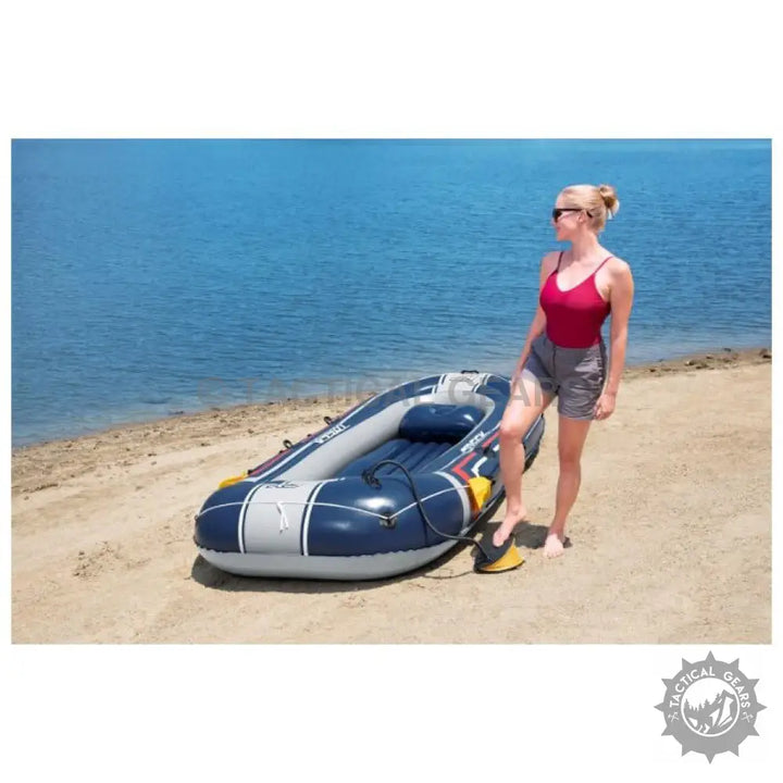 Inflatable Tender Boat With Paddles & Air Pump on beach, puncture resistant PVC, high output pump