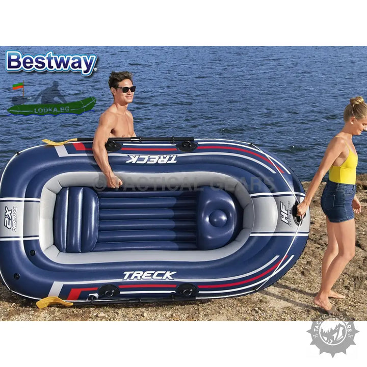 Two-person inflatable raft with oars made of puncture resistant PVC and high output pump