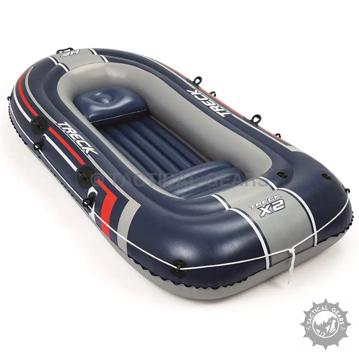 Navy blue and grey inflatable tender boat with paddles and air pump made of Treck X2 High puncture resistant PVC