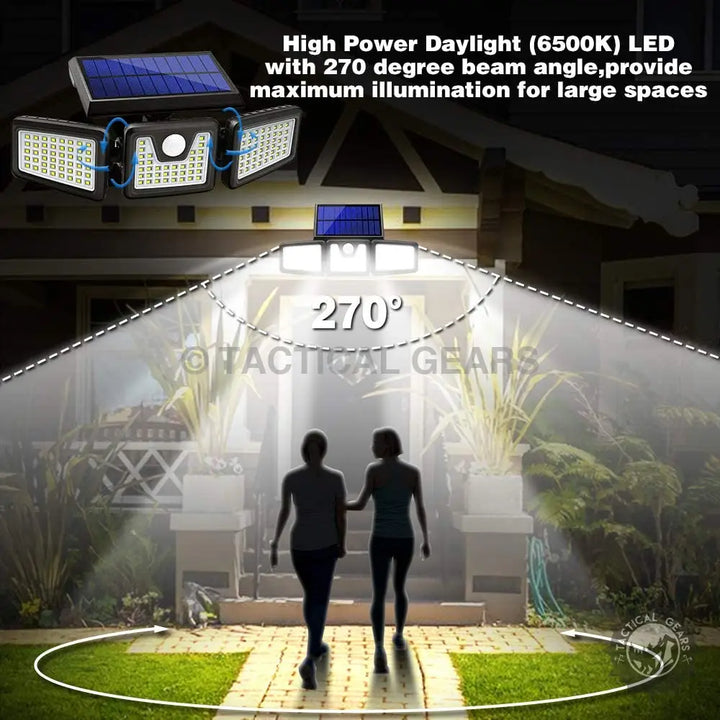 Wireless solar security light with motion sensor and 270-degree beam