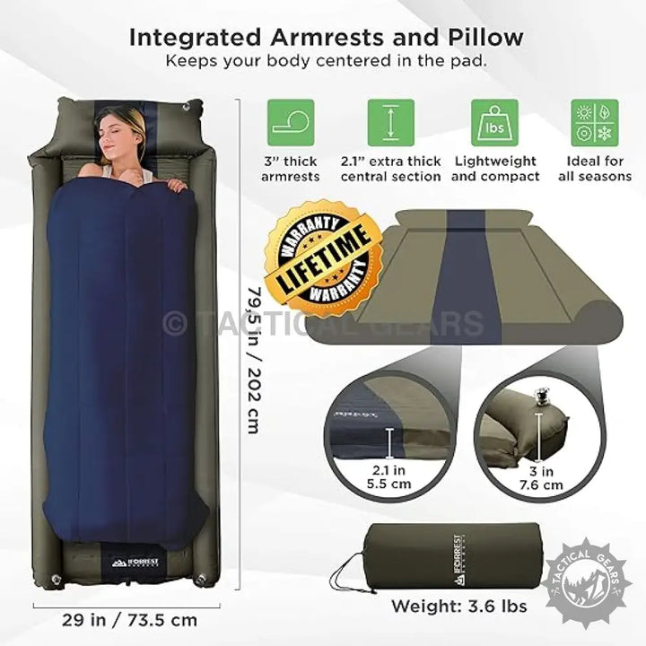 Inflatable camping sleeping pad with armrests and pillow for comfortable iforrest camping sleeping