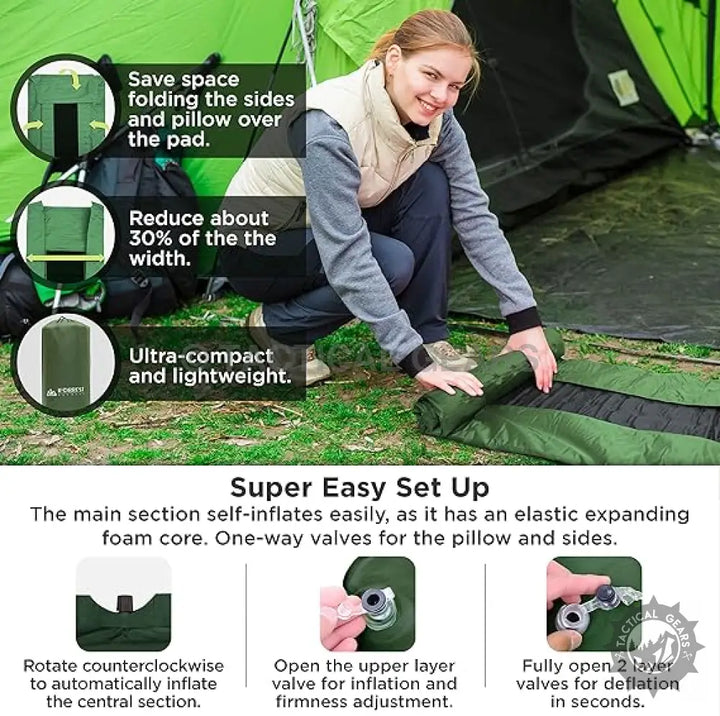 Green self-inflating Iforrest camping sleeping pad with integrated pillow and adjustable firmness
