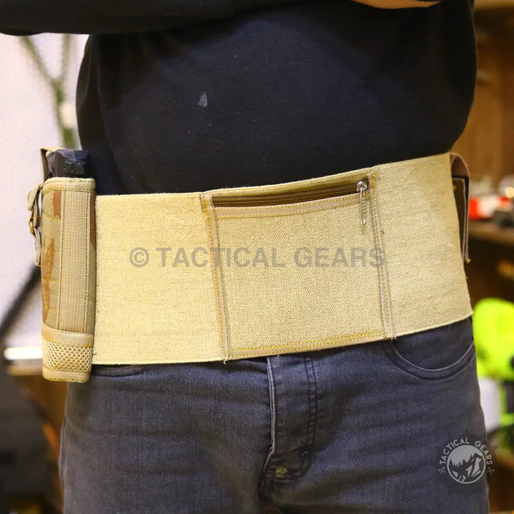 Tan tactical utility belt with zippered pouch and side holster in Desert Camo style