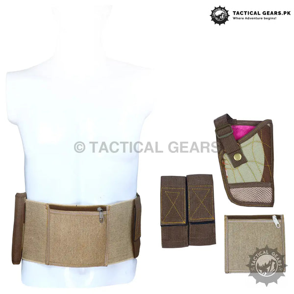 Beige tactical belly band holster with pouches and pistol holster for essentials