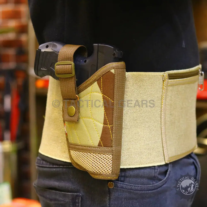 Light-colored concealed carry holster with pistol attached to tactical belt, essentials for security