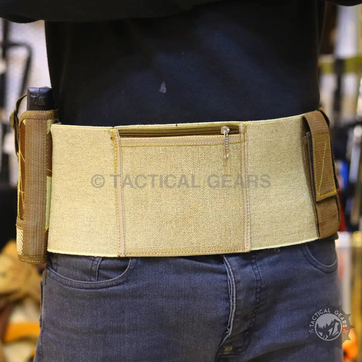 Universal Belly Holster Fabric Almond & Brown with essentials utility belt and side pouch