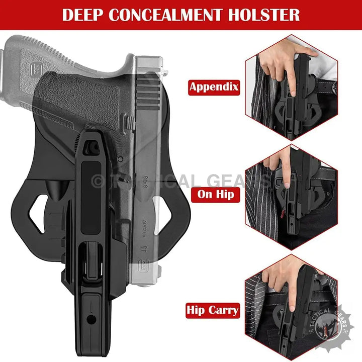 Black deep concealment belt holster for universal belt and appendix or hip carry