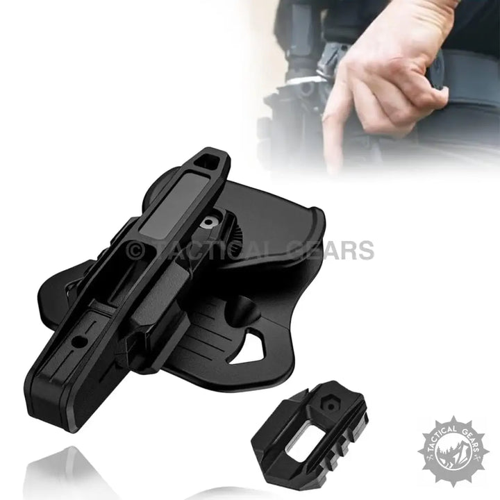 Black polymer universal belt holster with quick-release belt clip for versatile carry