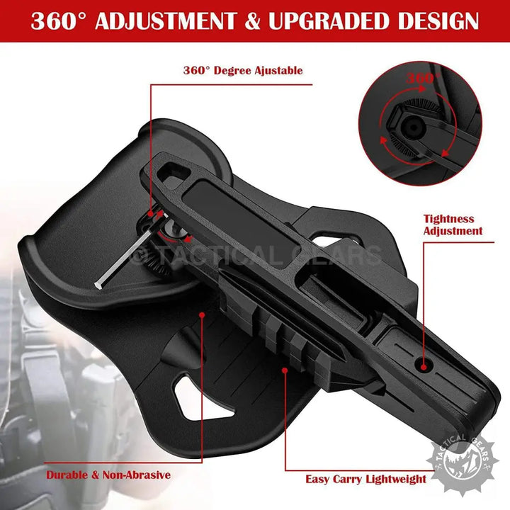 Black polymer universal belt holster with 360-degree adjustability and tension screw