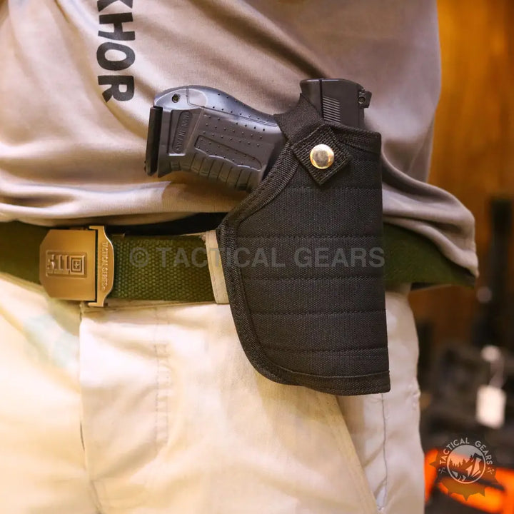 Black fabric universal belt holster with snap closure for belt holster and accessories