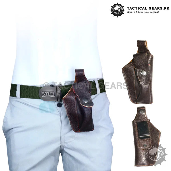 Dark brown leather universal belt holster with strap for a universal belt