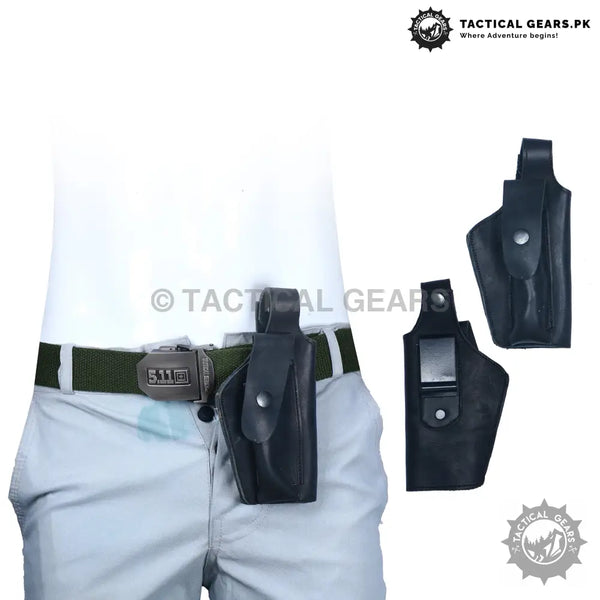 Black leather universal belt holster attached to a green tactical belt for versatile carry