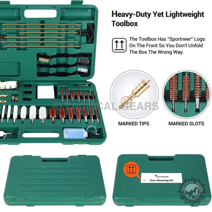 Universal Gun Cleaning Kit with solid brass rods, brass cleaning patches in a green toolbox